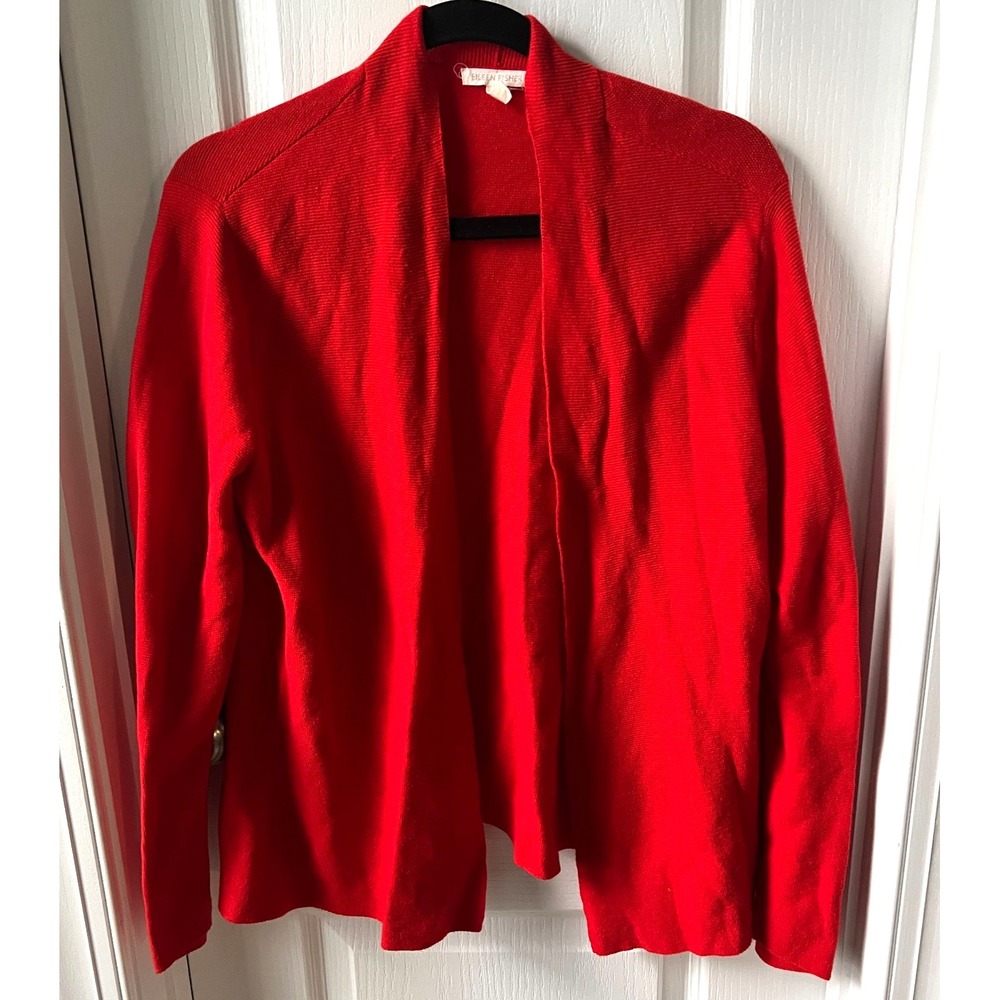 Eileen Fisher Womens‎ Cardigan Sweater Red Open Organic Cotton Long Sleeve Sz M